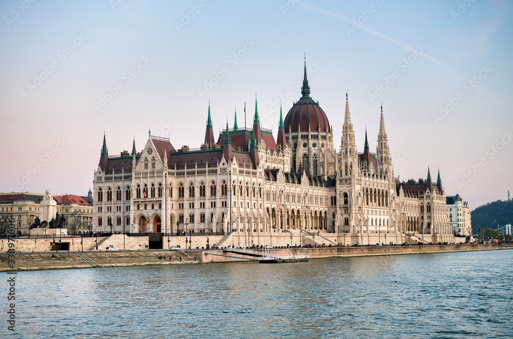 Hungarian parliament building along Danube river, Budapest - Hungary Hungarian parliament building along Danube river, Budapest - Hungary
