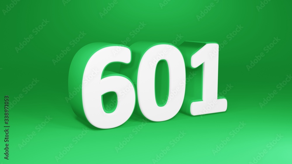 Number 601 in white on green background, isolated number 3d render Number 601 in white on green background, isolated number 3d render