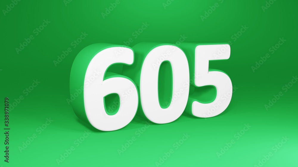 Number 605 in white on green background, isolated number 3d render Number 605 in white on green background, isolated number 3d render