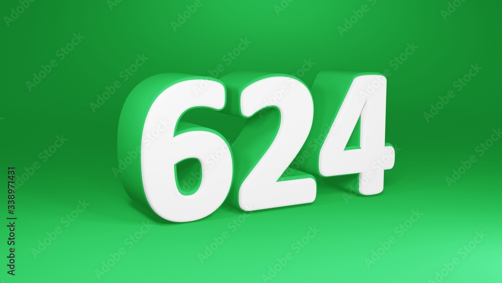 Number 624 in white on green background, isolated number 3d render Number 624 in white on green background, isolated number 3d render