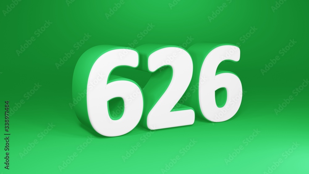 Number 626 in white on green background, isolated number 3d render Number 626 in white on green background, isolated number 3d render