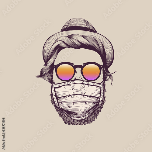 Fashionable hipster wearing protection face mask against coronavirus. Hand-drawn vintage vector illustration