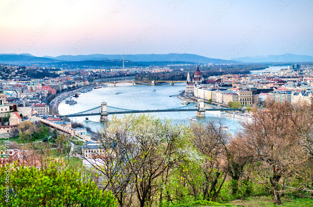 Aerial view of Budapest with Danube and city skyline, Hungary