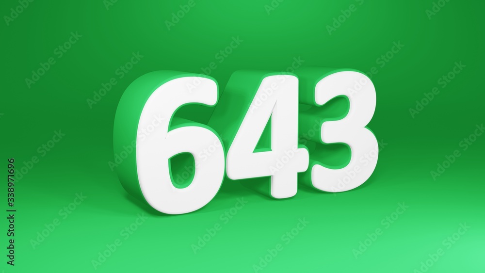 Number 643 in white on green background, isolated number 3d render Number 643 in white on green background, isolated number 3d render