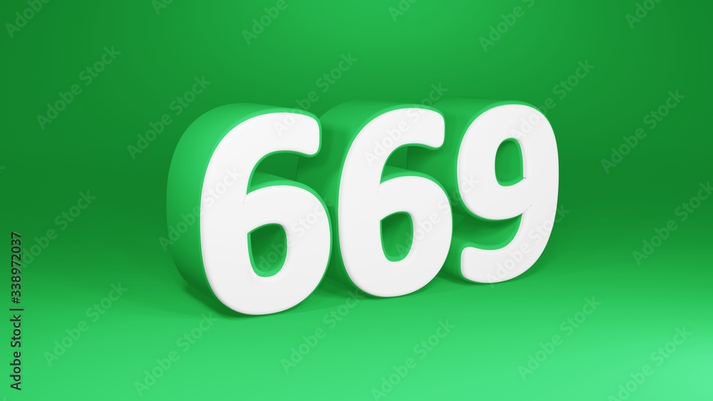 Number 669 in white on green background, isolated number 3d render Number 669 in white on green background, isolated number 3d render