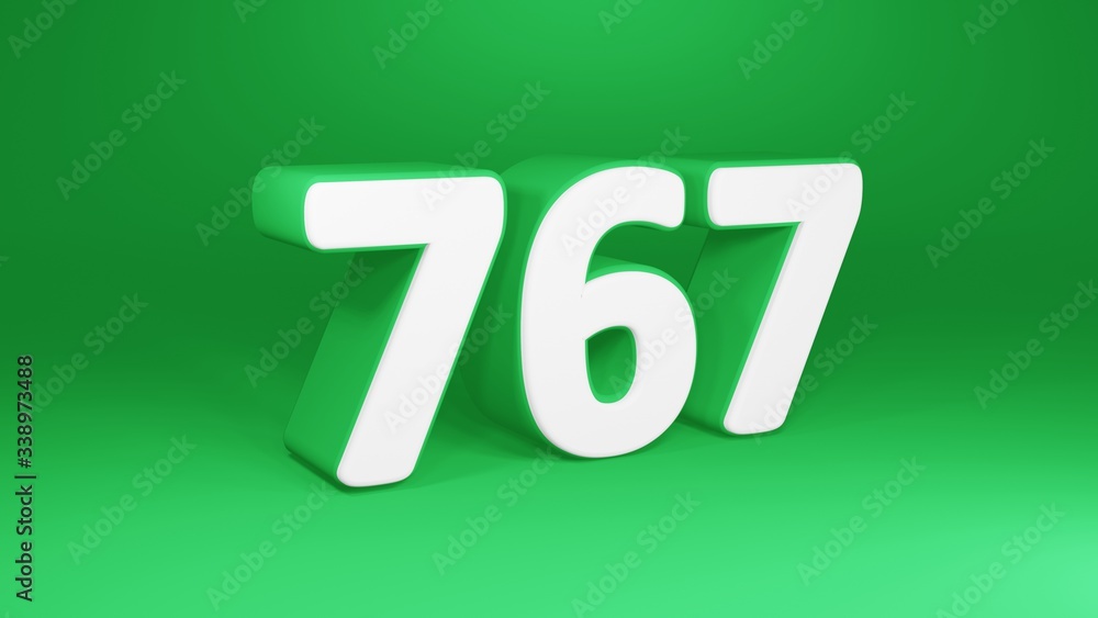 Number 767 in white on green background, isolated number 3d render Number 767 in white on green background, isolated number 3d render