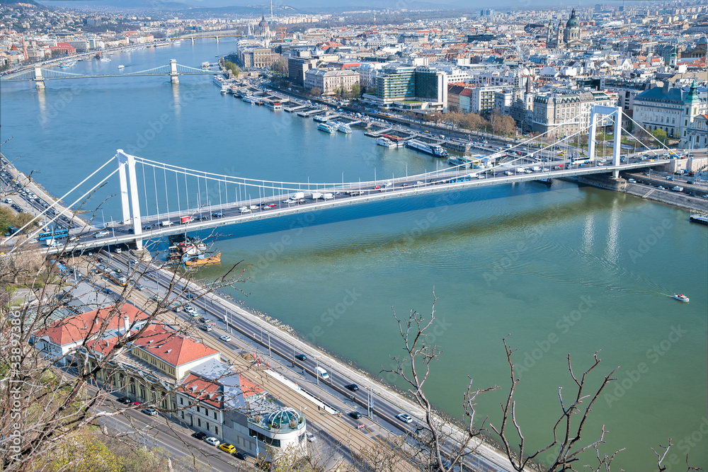 Aerial view of Budapest Danube and Bridges