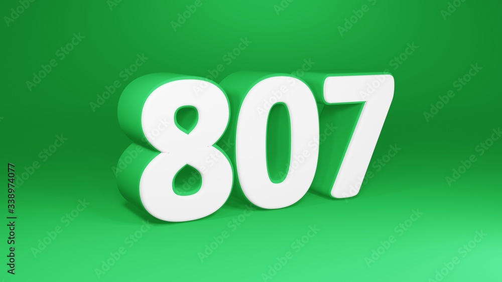 Number 807 in white on green background, isolated number 3d render Number 807 in white on green background, isolated number 3d render