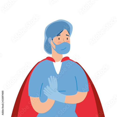 super female paramedic with face mask and hero cloak vector illustration design