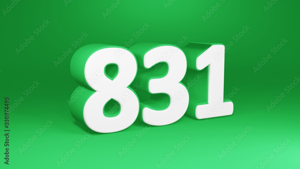 Number 831 in white on green background, isolated number 3d render Number 831 in white on green background, isolated number 3d render