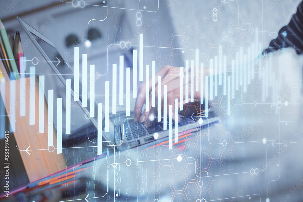 Double exposure of woman hands typing on computer and forex chart hologram drawing. Stock market invest concept. Double exposure of woman hands typing on computer and forex chart hologram drawing. Stock market invest concept.