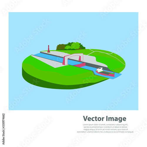 Cargo ship leaving a lock. Device for raising and lowering boats. Vector illustration