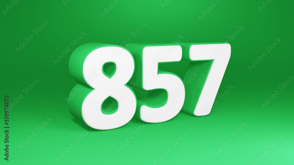 Number 857 in white on green background, isolated number 3d render Number 857 in white on green background, isolated number 3d render