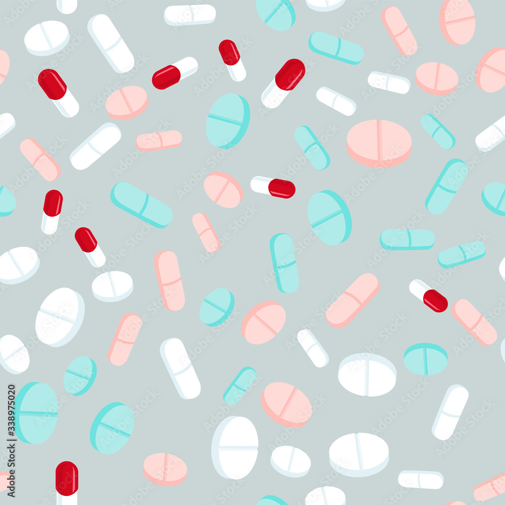 Colorful pills seamless pattern. Medicine background, abstract capsules and medical tablets flatlay vector illustration Colorful pills seamless pattern. Medicine background, abstract capsules and medical tablets flatlay vector illustration