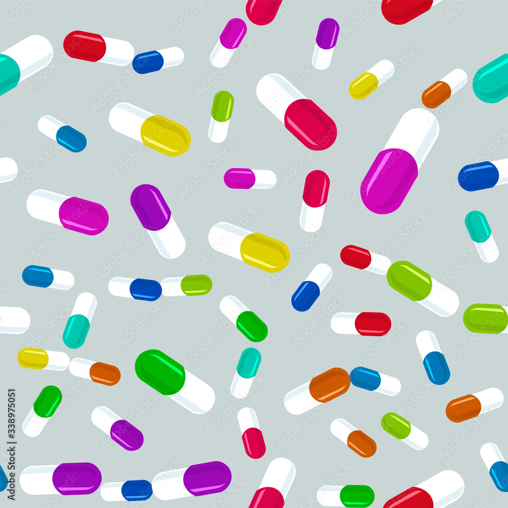 Colorful pills seamless pattern. Medicine background, abstract capsules flatlay vector illustration Colorful pills seamless pattern. Medicine background, abstract capsules flatlay vector illustration