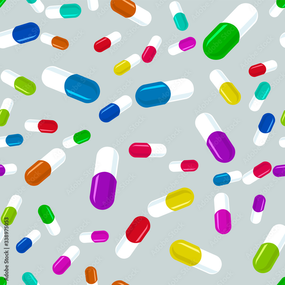 Colorful pills seamless pattern. Medicine background, abstract capsules flatlay vector illustration Colorful pills seamless pattern. Medicine background, abstract capsules flatlay vector illustration