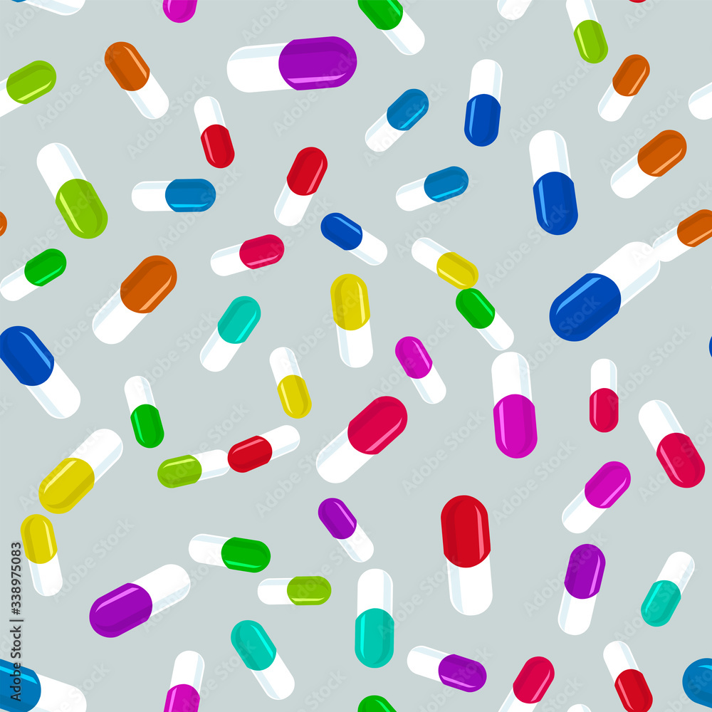 Colorful pills seamless pattern. Medicine background, abstract capsules flatlay vector illustration Colorful pills seamless pattern. Medicine background, abstract capsules flatlay vector illustration