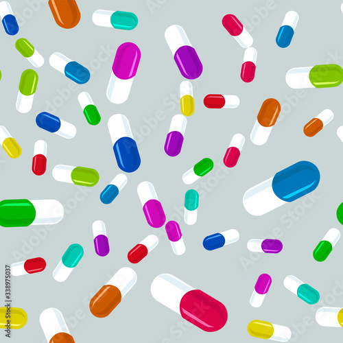 Colorful pills seamless pattern. Medicine background, abstract capsules flatlay vector illustration