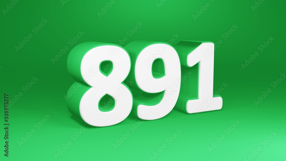 Number 891 in white on green background, isolated number 3d render Number 891 in white on green background, isolated number 3d render