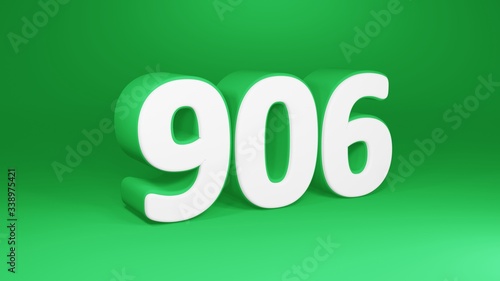 Number 906 in white on green background, isolated number 3d render