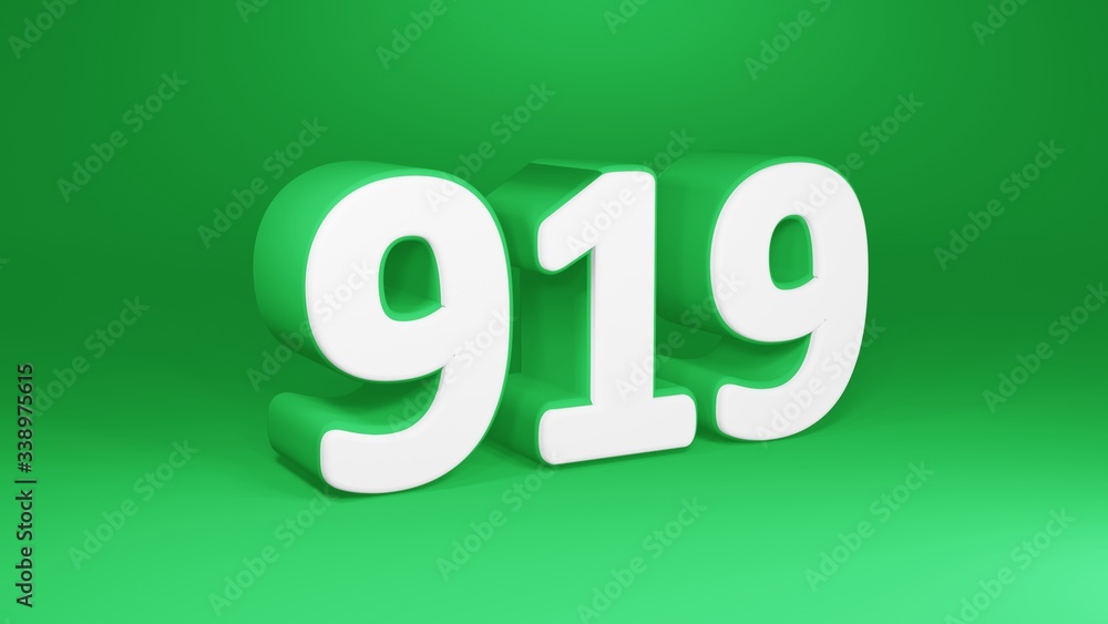 Number 919 in white on green background, isolated number 3d render Number 919 in white on green background, isolated number 3d render