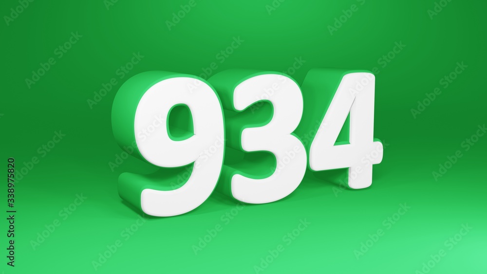 Number 934 in white on green background, isolated number 3d render Number 934 in white on green background, isolated number 3d render