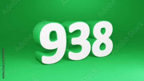Number 938 in white on green background, isolated number 3d render