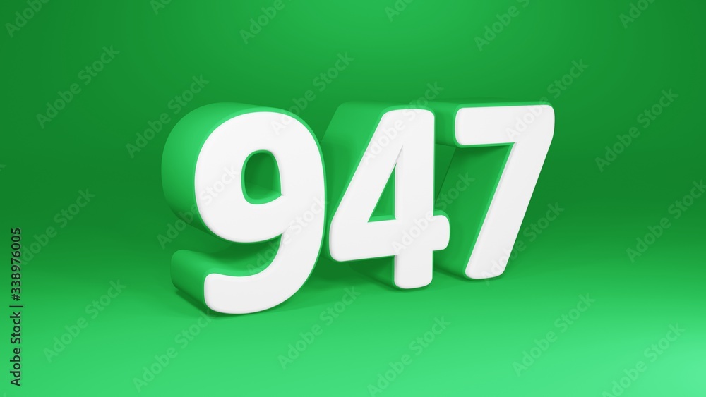 Number 947 in white on green background, isolated number 3d render Number 947 in white on green background, isolated number 3d render