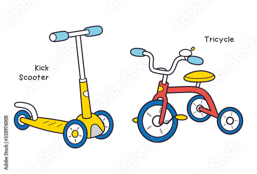 Red kids tricycle and yellow kick scooter isolated