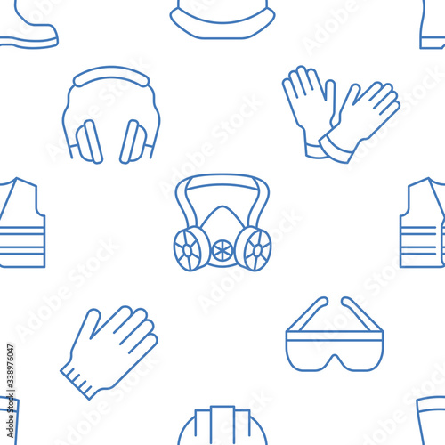 PPE background, personal protective equipment seamless pattern. Construction wallpaper with line icons of helmet, headphones, respirator, vest. Worker protection vector illustration blue white color