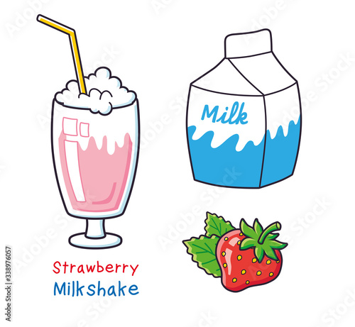 Milkshake cocktail glass, milk carton box and strawberry isolated.