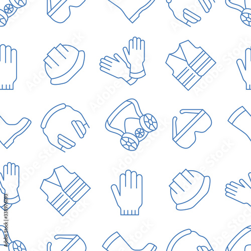 PPE background, personal protective equipment seamless pattern. Construction wallpaper with line icons of helmet, headphones, respirator, vest. Worker protection vector illustration blue white color