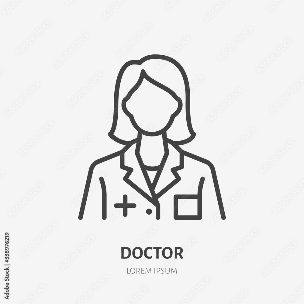 Doctor line icon, vector pictogram of woman physician with stethoscope. Lady hospital worker illustration, nurse sign for medical poster