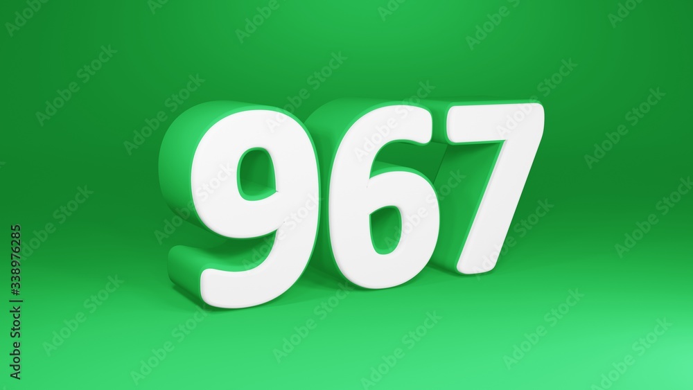 Number 967 in white on green background, isolated number 3d render Number 967 in white on green background, isolated number 3d render