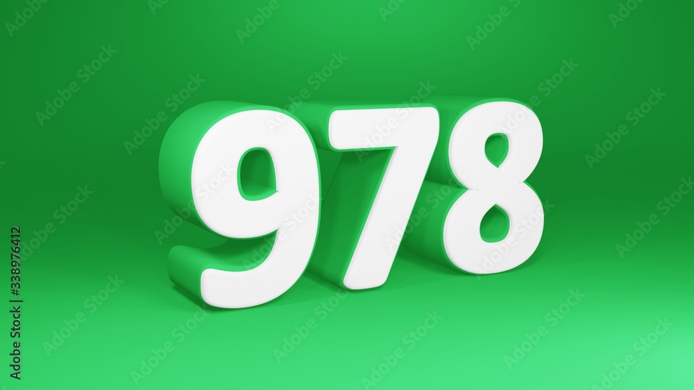 Number 978 in white on green background, isolated number 3d render