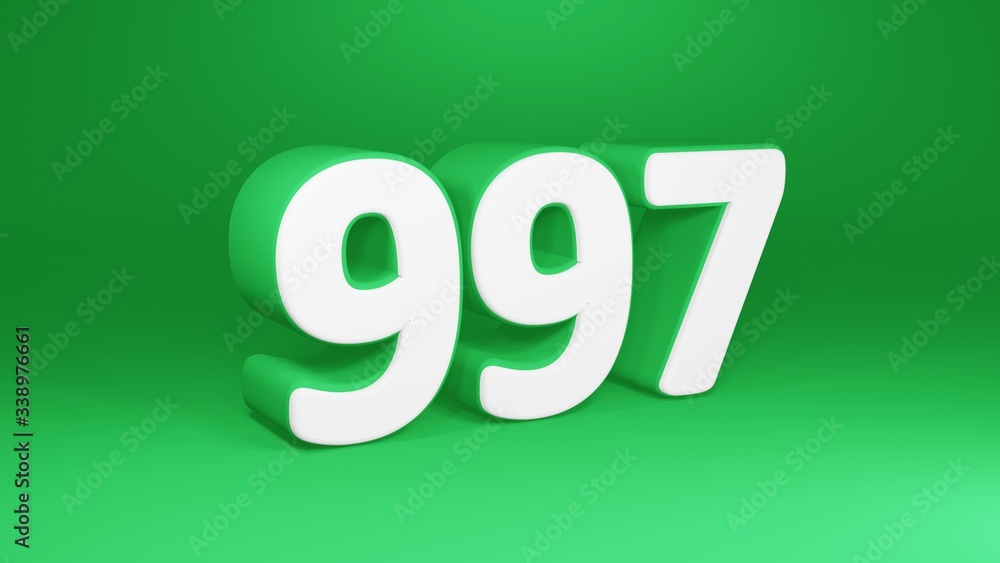 Number 997 in white on green background, isolated number 3d render Number 997 in white on green background, isolated number 3d render