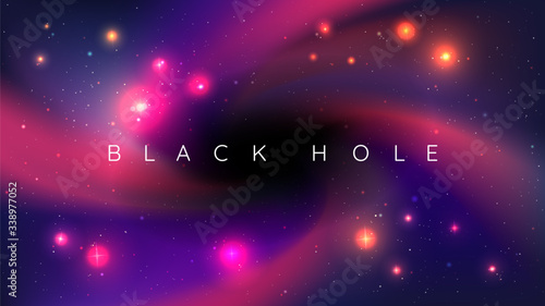 Vector realistic illustration. Night cosmic sky. Wallpaper. Nebula in space. Template for website or game. Abstract banner. Dark starry background. Milky Way. Black hole. Copy space for text