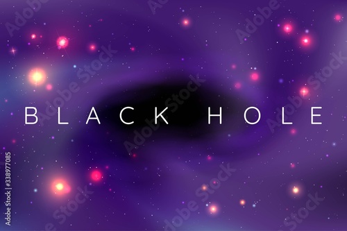Vector realistic illustration. Night cosmic sky. Wallpaper. Nebula in space. Template for website or game. Abstract banner. Dark starry background. Milky Way. Black hole. Copy space for text
