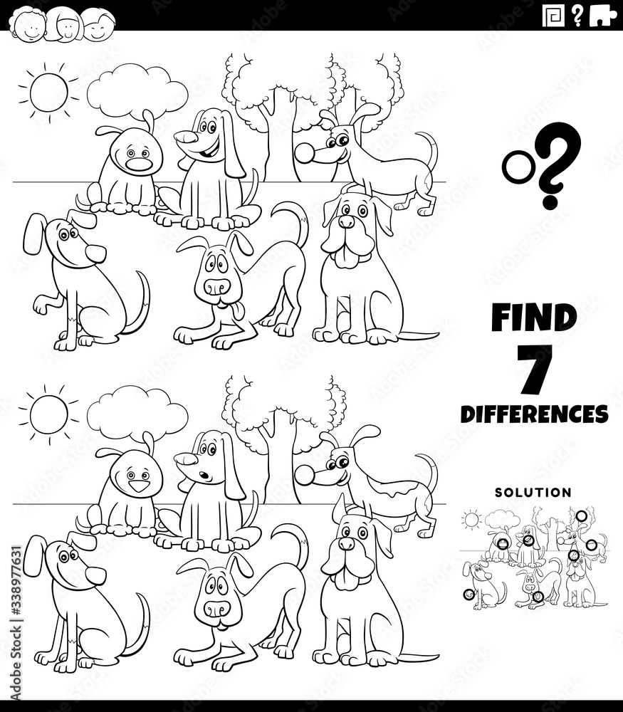 differences task with cartoon dogs coloring book page