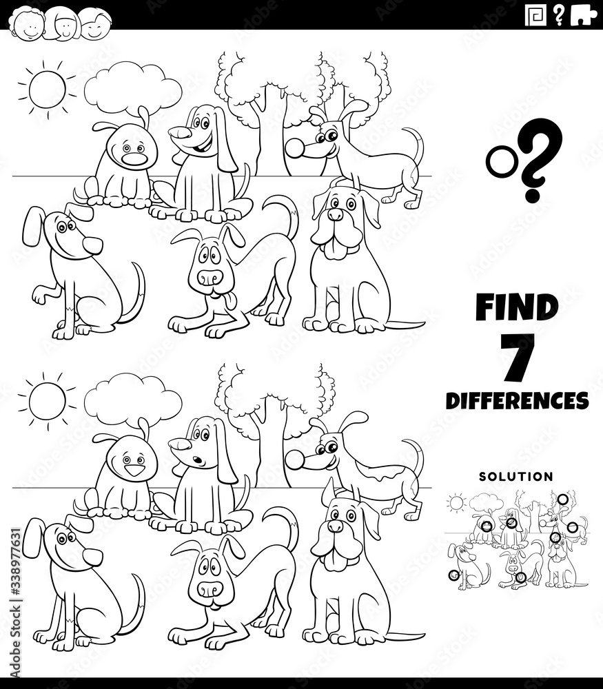 differences task with cartoon dogs coloring book page differences task with cartoon dogs coloring book page