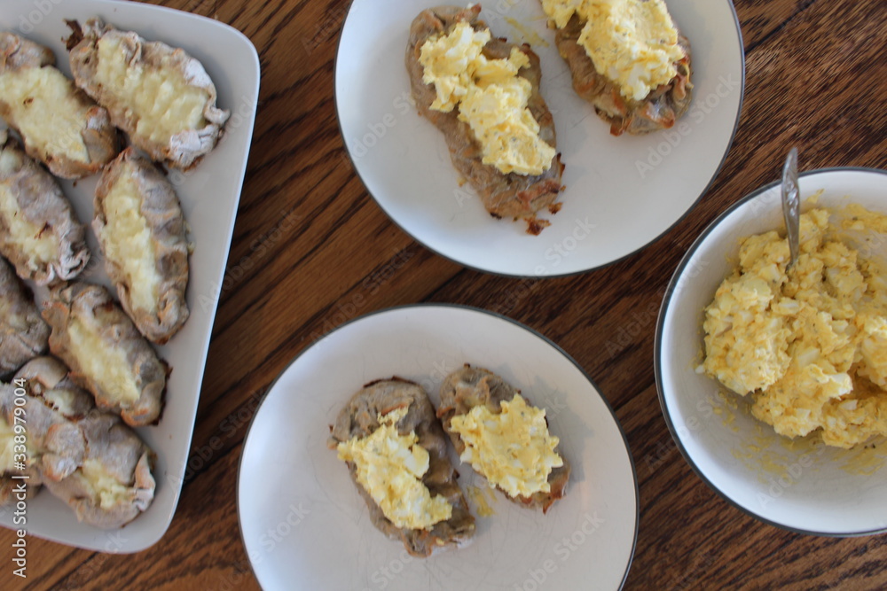 Close up view on freshly baked Karelian Pie with egg butter, a traditional topping to this dish in Finland Close up view on freshly baked Karelian Pie with egg butter, a traditional topping to this dish in Finland
