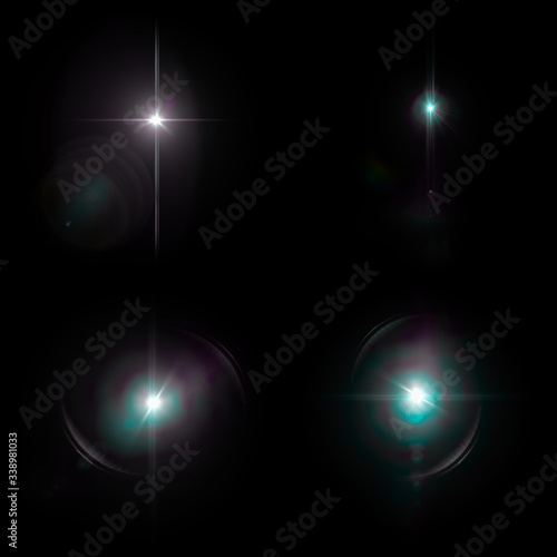 Illustration of 4 Lens Flares isolated on black background