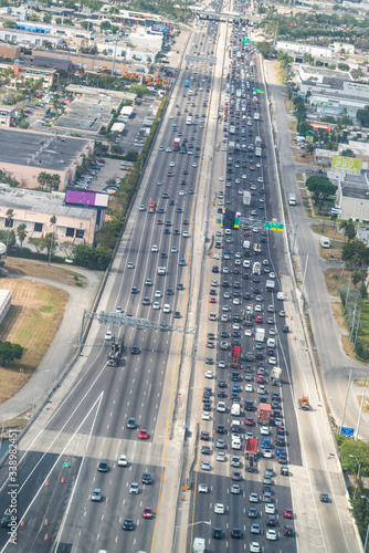 Aerial view of crowded interstate highway. Traffic business concept