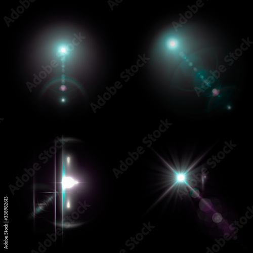 Illustration of 4 Lens Flares isolated on black background