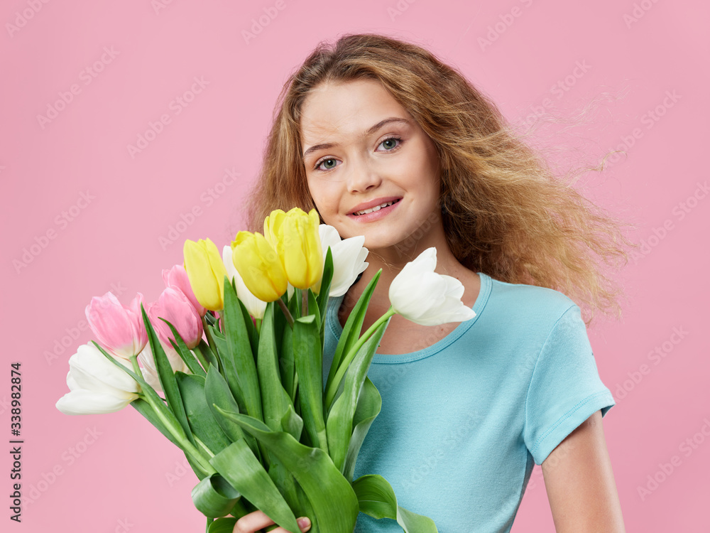 Merry girl bouquet of flowers holiday joy gift pink background Merry girl bouquet of flowers holiday joy gift pink background