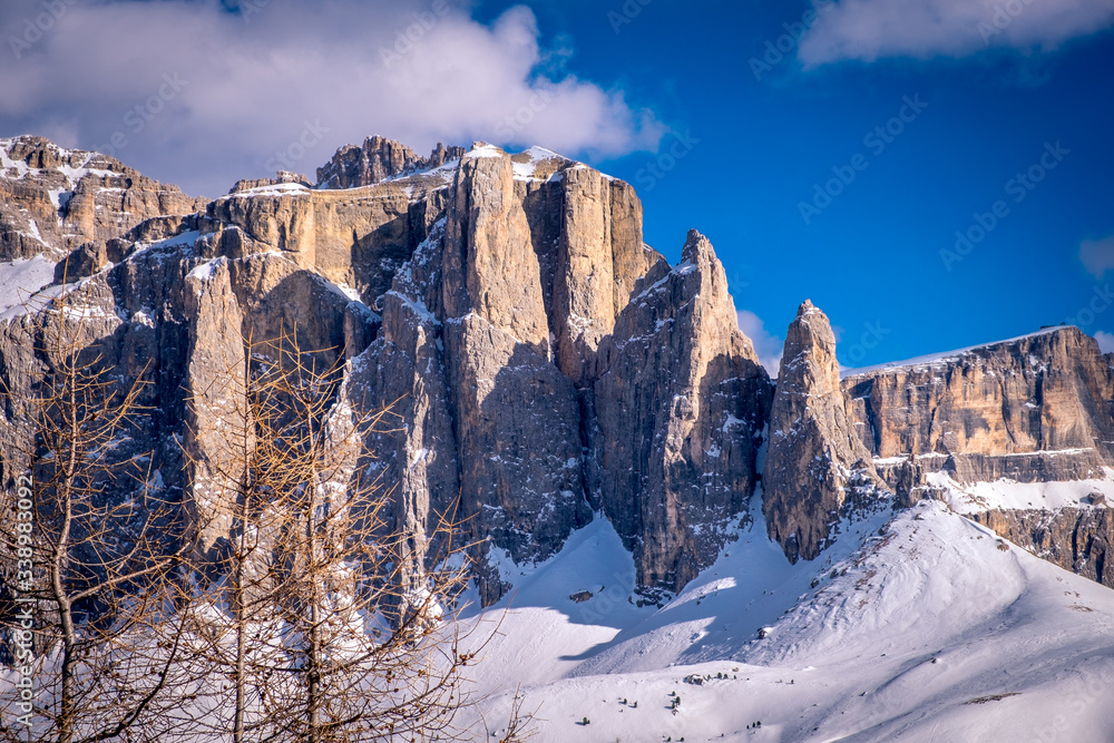 Dolomiti mountain landscape at a ski resort Campitello di Fassa Italy.