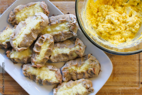 Close up view on freshly baked Karelian Pie with egg butter, a traditional topping to this dish in Finland