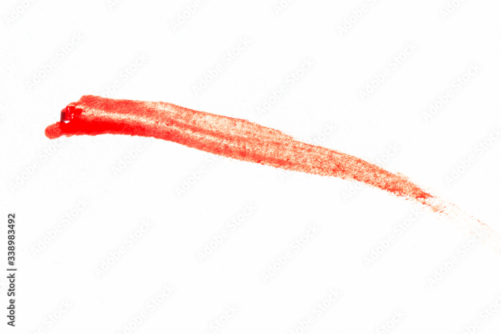 Drop of flesh scarlet blood finger smeared on paper. Bloody track or line stroke. Drop of flesh scarlet blood finger smeared on paper. Bloody track or line stroke.