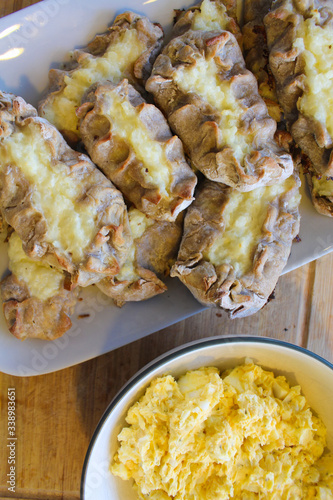 Close up view on freshly baked Karelian Pie with egg butter, a traditional topping to this dish in Finland