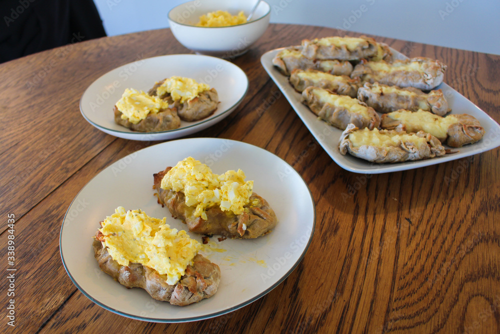 Close up view on freshly baked Karelian Pie with egg butter, a traditional topping to this dish in Finland Close up view on freshly baked Karelian Pie with egg butter, a traditional topping to this dish in Finland